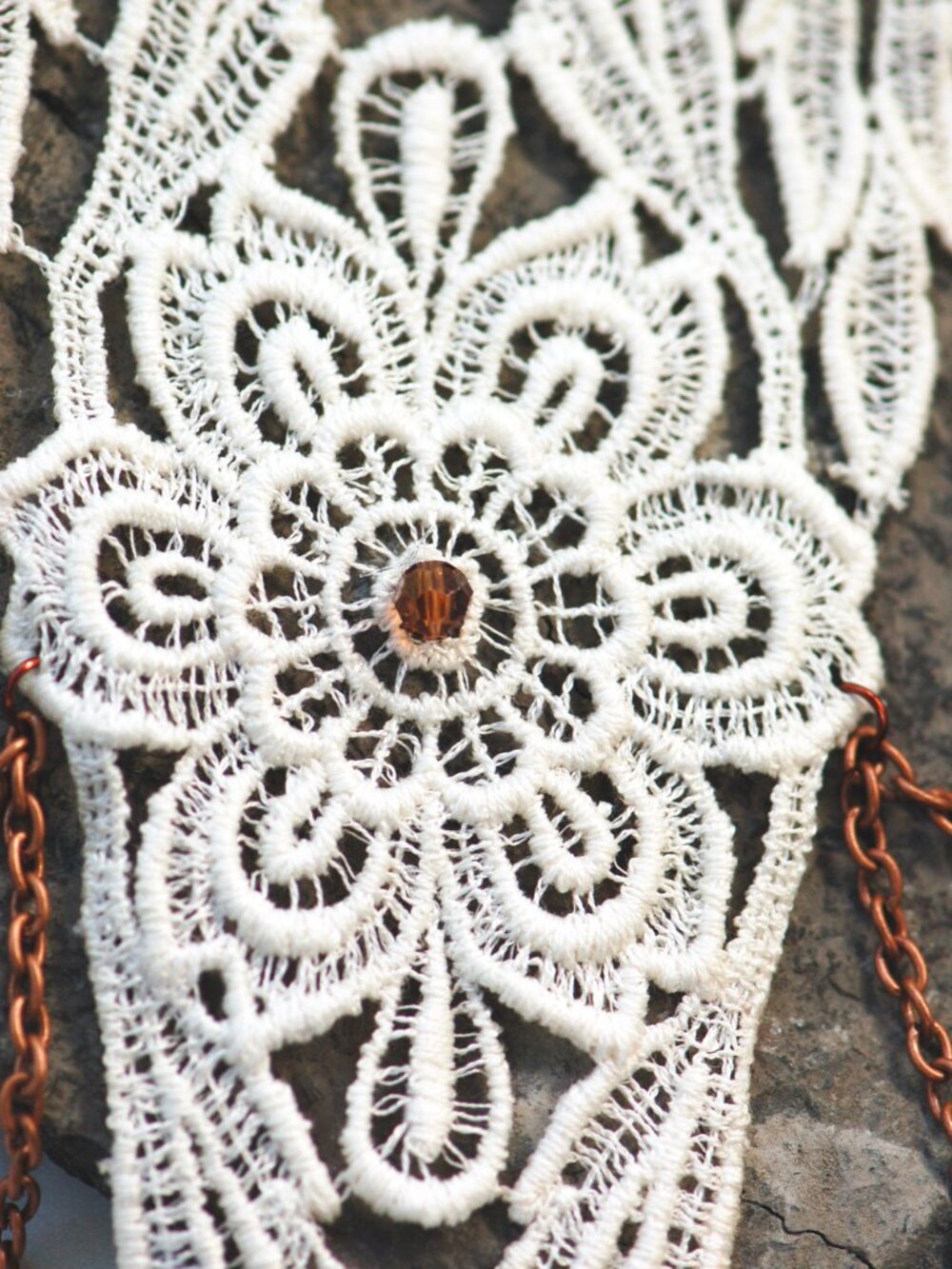Handmade Venetian Lace Bib Necklace | Ivory + Swarovski Crystal | Upcycled - Picture 5 of 6